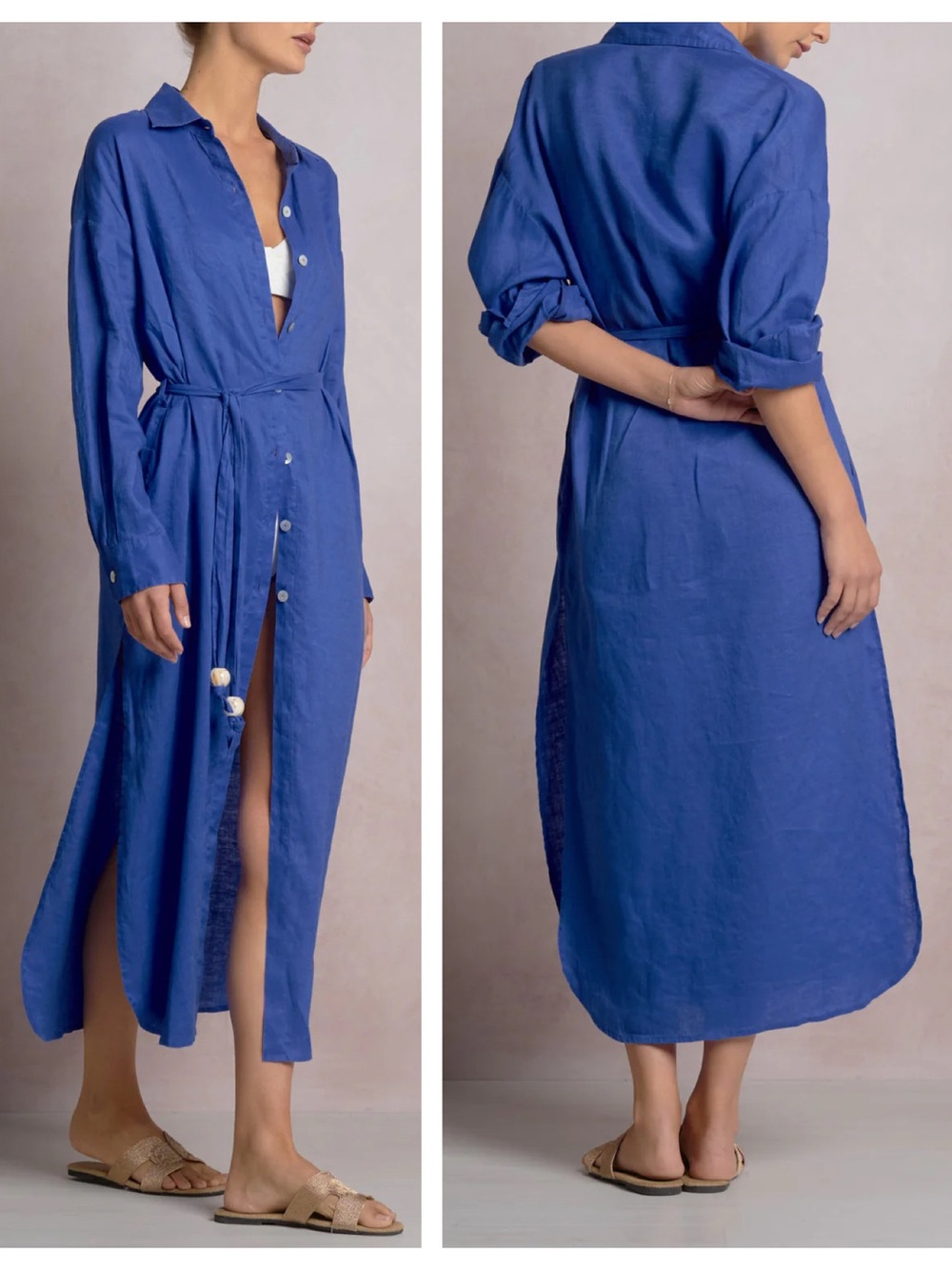 Elan Sapphire Blue Linen Maxi Shirt Dress Small NWT Button Front Tie Waist $120